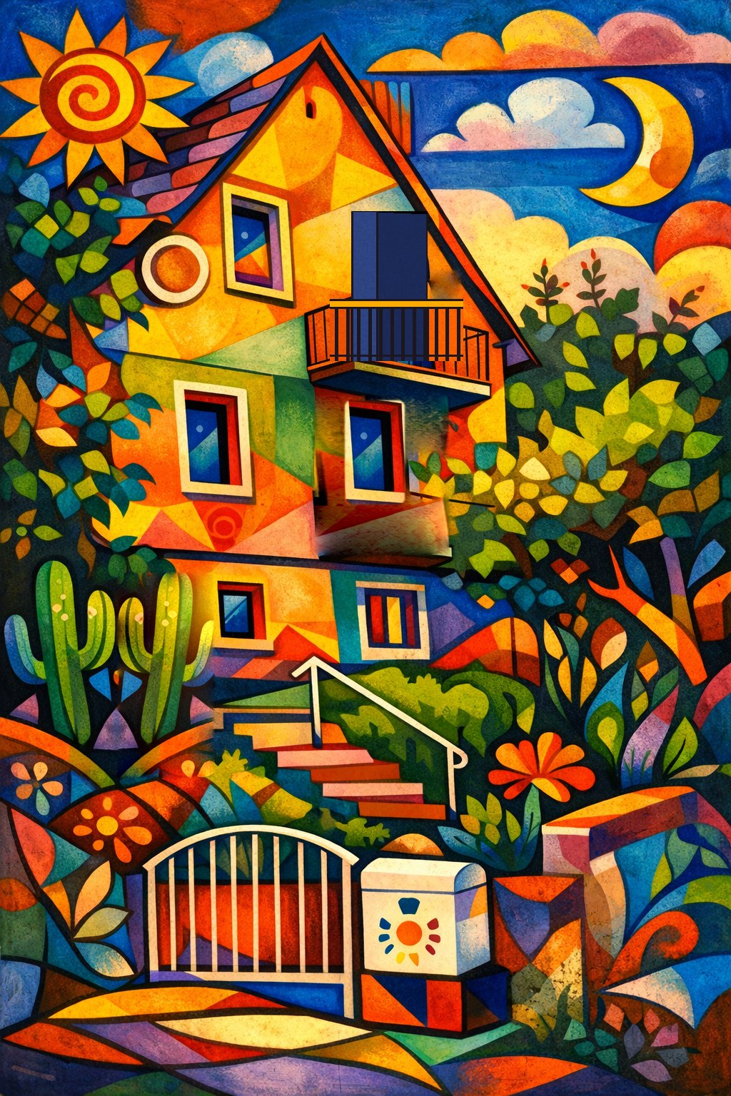 Kunstwerk: Das Haus am Sonnenhang in Waldenbuch mit Garten, Sonne und Mond.